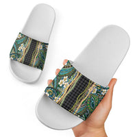 Hawaiian Art Flower Tribal with Lei Slide Sandals Palaka Pattern Black Color - Polynesian Pride