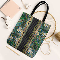 Hawaiian Art Flower Tribal with Lei Tote Bag Palaka Pattern Black Color - Polynesian Pride