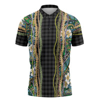 Hawaiian Art Flower Tribal with Lei Zipper Polo Shirt Palaka Pattern Black Color LT03 Black - Polynesian Pride