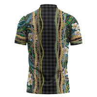 Hawaiian Art Flower Tribal with Lei Zipper Polo Shirt Palaka Pattern Black Color - Polynesian Pride