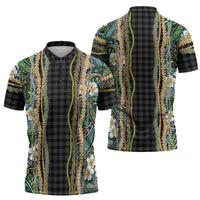 Hawaiian Art Flower Tribal with Lei Zipper Polo Shirt Palaka Pattern Black Color LT03 - Polynesian Pride
