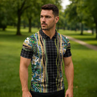 Hawaiian Art Flower Tribal with Lei Zipper Polo Shirt Palaka Pattern Black Color LT03 - Polynesian Pride