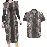 Hawaiian Art Flower Tribal with Lei Couples Matching Long Sleeve Bodycon Dress and Hawaiian Shirt Palaka Pattern Grayscale - Polynesian Pride