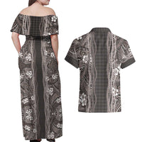 Hawaiian Art Flower Tribal with Lei Couples Matching Off Shoulder Maxi Dress and Hawaiian Shirt Palaka Pattern Grayscale - Polynesian Pride