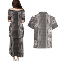 Hawaiian Art Flower Tribal with Lei Couples Matching Puletasi and Hawaiian Shirt Palaka Pattern Grayscale LT03 - Polynesian Pride