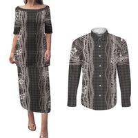 Hawaiian Art Flower Tribal with Lei Couples Matching Puletasi and Long Sleeve Button Shirt Palaka Pattern Grayscale LT03 Gray - Polynesian Pride