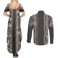 Hawaiian Art Flower Tribal with Lei Couples Matching Summer Maxi Dress and Long Sleeve Button Shirt Palaka Pattern Grayscale LT03 - Polynesian Pride