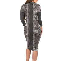 Hawaiian Art Flower Tribal with Lei Family Matching Long Sleeve Bodycon Dress and Hawaiian Shirt Palaka Pattern Grayscale - Polynesian Pride