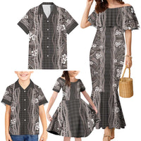 Hawaiian Art Flower Tribal with Lei Family Matching Mermaid Dress and Hawaiian Shirt Palaka Pattern Grayscale - Polynesian Pride