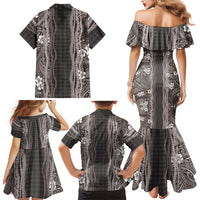 Hawaiian Art Flower Tribal with Lei Family Matching Mermaid Dress and Hawaiian Shirt Palaka Pattern Grayscale - Polynesian Pride