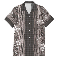 Hawaiian Art Flower Tribal with Lei Family Matching Off The Shoulder Long Sleeve Dress and Hawaiian Shirt Palaka Pattern Grayscale - Polynesian Pride