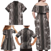 Hawaiian Art Flower Tribal with Lei Family Matching Off Shoulder Maxi Dress and Hawaiian Shirt Palaka Pattern Grayscale - Polynesian Pride