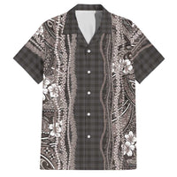 Hawaiian Art Flower Tribal with Lei Family Matching Off Shoulder Maxi Dress and Hawaiian Shirt Palaka Pattern Grayscale - Polynesian Pride