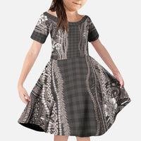 Hawaiian Art Flower Tribal with Lei Family Matching Off Shoulder Short Dress and Hawaiian Shirt Palaka Pattern Grayscale - Polynesian Pride