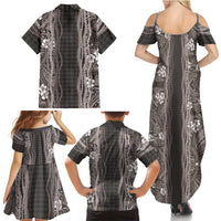 Hawaiian Art Flower Tribal with Lei Family Matching Summer Maxi Dress and Hawaiian Shirt Palaka Pattern Grayscale - Polynesian Pride