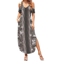 Hawaiian Art Flower Tribal with Lei Family Matching Summer Maxi Dress and Hawaiian Shirt Palaka Pattern Grayscale - Polynesian Pride