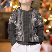 Hawaiian Art Flower Tribal with Lei Kid Ugly Christmas Sweater Palaka Pattern Grayscale - Polynesian Pride