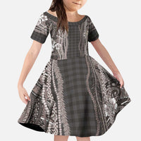 Hawaiian Art Flower Tribal with Lei Kid Short Sleeve Dress Palaka Pattern Grayscale LT03 KID Gray - Polynesian Pride