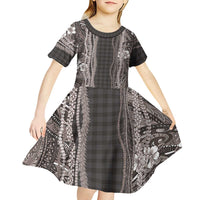 Hawaiian Art Flower Tribal with Lei Kid Short Sleeve Dress Palaka Pattern Grayscale LT03 - Polynesian Pride