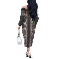 Hawaiian Art Flower Tribal with Lei Off The Shoulder Long Sleeve Dress Palaka Pattern Grayscale LT03 - Polynesian Pride