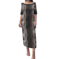 Hawaiian Art Flower Tribal with Lei Puletasi Palaka Pattern Grayscale LT03 Long Dress Gray - Polynesian Pride