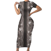 Hawaiian Art Flower Tribal with Lei Short Sleeve Bodycon Dress Palaka Pattern Grayscale LT03 Long Dress Gray - Polynesian Pride
