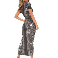 Hawaiian Art Flower Tribal with Lei Short Sleeve Bodycon Dress Palaka Pattern Grayscale LT03 - Polynesian Pride