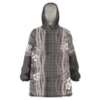 Hawaiian Art Flower Tribal with Lei Wearable Blanket Hoodie Palaka Pattern Grayscale LT03 One Size Gray - Polynesian Pride