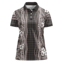 Hawaiian Art Flower Tribal with Lei Women Polo Shirt Palaka Pattern Grayscale LT03 Female Gray - Polynesian Pride