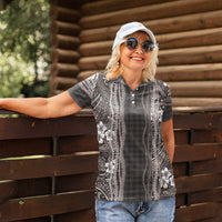 Hawaiian Art Flower Tribal with Lei Women Polo Shirt Palaka Pattern Grayscale LT03 - Polynesian Pride