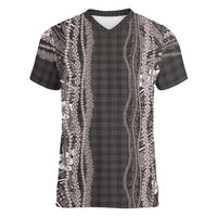 Hawaiian Art Flower Tribal with Lei Women V-Neck T-Shirt Palaka Pattern Grayscale LT03 Female Gray - Polynesian Pride