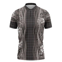 Hawaiian Art Flower Tribal with Lei Zipper Polo Shirt Palaka Pattern Grayscale LT03 Gray - Polynesian Pride