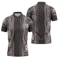 Hawaiian Art Flower Tribal with Lei Zipper Polo Shirt Palaka Pattern Grayscale LT03 - Polynesian Pride
