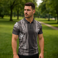 Hawaiian Art Flower Tribal with Lei Zipper Polo Shirt Palaka Pattern Grayscale LT03 - Polynesian Pride