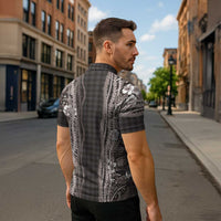 Hawaiian Art Flower Tribal with Lei Zipper Polo Shirt Palaka Pattern Grayscale LT03 - Polynesian Pride