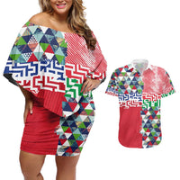 Hawaiian Floral Kakau Tropical Leaves-Sporty Style Couples Matching Off Shoulder Short Dress and Hawaiian Shirt