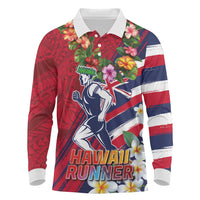 Hawaii Runner-Kakau Art with Lei and Plumeria Long Sleeve Polo Shirt LT03 Red-Blue - Polynesian Pride