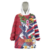 Hawaii Runner-Kakau Art with Lei and Plumeria Wearable Blanket Hoodie LT03 One Size Red-Blue - Polynesian Pride