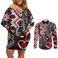 Aotearoa Maori Moko Art with Taniko Half Style Couples Matching Off Shoulder Short Dress and Long Sleeve Button Shirt LT03 Black - Polynesian Pride
