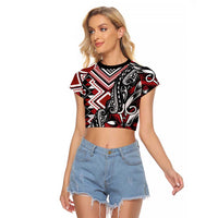 Aotearoa Maori Moko Art with Taniko Half Style Raglan Cropped T Shirt LT03 Female Black - Polynesian Pride