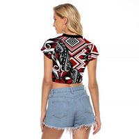 Aotearoa Maori Moko Art with Taniko Half Style Raglan Cropped T Shirt LT03 - Polynesian Pride