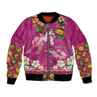 Hawaiian Lei Turtle and Plumeria Bomber Jacket Polynerian Art Tattoo-Plum Pink Color