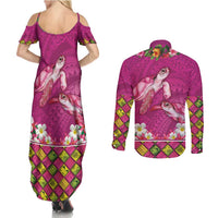 Hawaiian Lei Turtle and Plumeria Couples Matching Summer Maxi Dress and Long Sleeve Button Shirt Polynerian Art Tattoo-Plum Pink Color