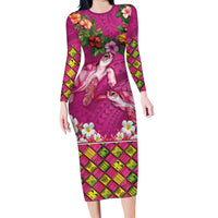 Hawaiian Lei Turtle and Plumeria Family Matching Long Sleeve Bodycon Dress and Hawaiian Shirt Polynerian Art Tattoo-Plum Pink Color