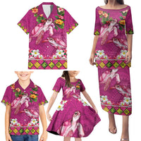 Hawaiian Lei Turtle and Plumeria Family Matching Puletasi and Hawaiian Shirt Polynerian Art Tattoo-Plum Pink Color