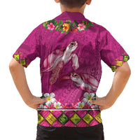 Hawaiian Lei Turtle and Plumeria Family Matching Tank Maxi Dress and Hawaiian Shirt Polynerian Art Tattoo-Plum Pink Color