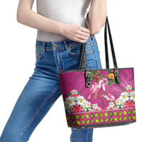 Hawaiian Lei Turtle and Plumeria Leather Tote Bag Polynerian Art Tattoo-Plum Pink Color