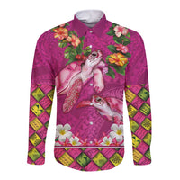 Hawaiian Lei Turtle and Plumeria Long Sleeve Button Shirt Polynerian Art Tattoo-Plum Pink Color LT03 Unisex Pink - Polynesian Pride