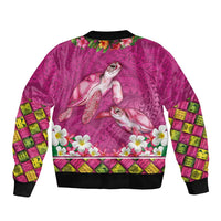 Hawaiian Lei Turtle and Plumeria Sleeve Zip Bomber Jacket Polynerian Art Tattoo-Plum Pink Color
