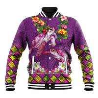 Hawaiian Lei Turtle and Plumeria Baseball Jacket Polynerian Art Tattoo-Mauve Color LT03 Unisex Purple - Polynesian Pride
